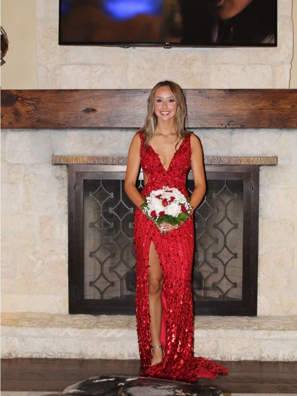 Sherri Hill Red Sequined V-Neck Prom Dress - Picture 9 of 12